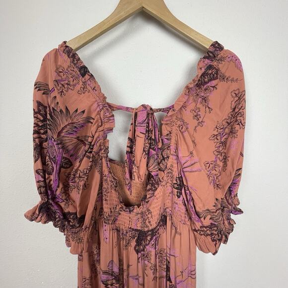 NWT Anthropologie Dress L Orange Floral Boho Prairie Festival Smocked‎ Open Back - Picture 6 of 10